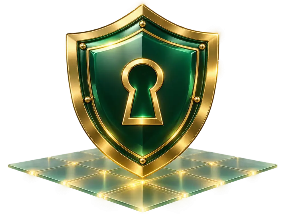 Gold and emerald shield with a keyhole